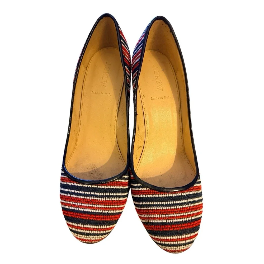 J.Crew Pumps 10 Knit Fabric Block Heel Red White Blue B9588‎ Italy Shoes Summer